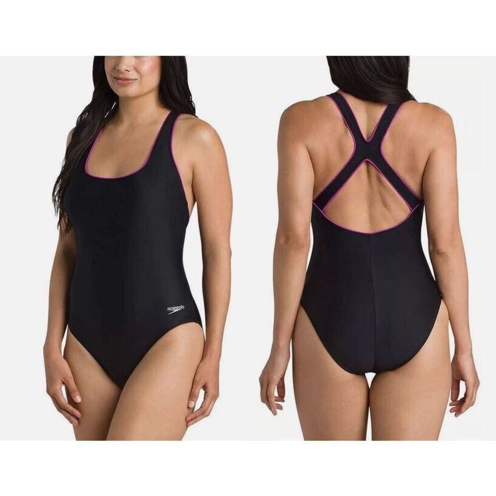 Speedo Women's One Piece Swimsuit Athletic Black Pink Racerback Size 8
